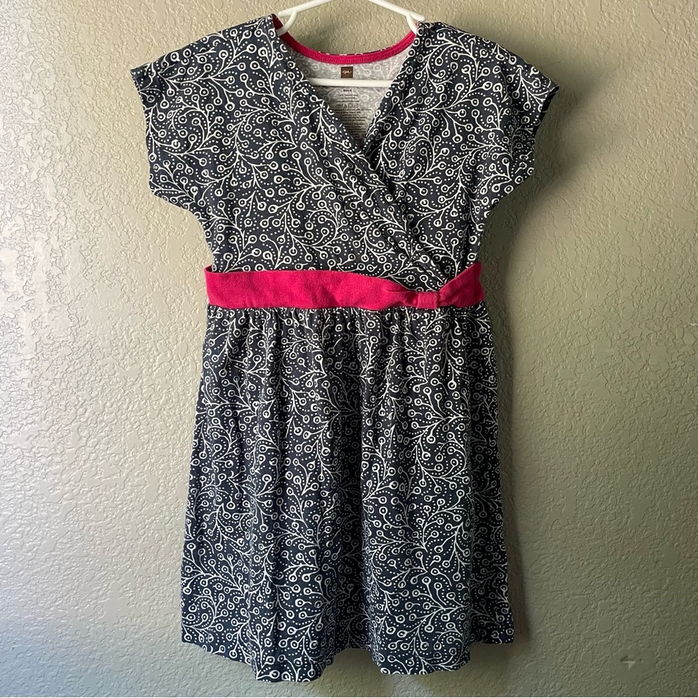 Tea Collection Girls 6 100% Cotton Navy Blue Short Sleeve Faux Wrap Neck Dress